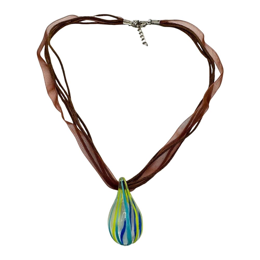 Handblown Art Glass Teardrop Pendant Brown Ribbon Cord Multistrand 18” Necklace